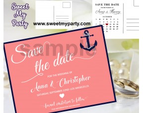 Anchor Wedding Save the Date cards,Navy blue coral Wedding Save the Date, (00f)